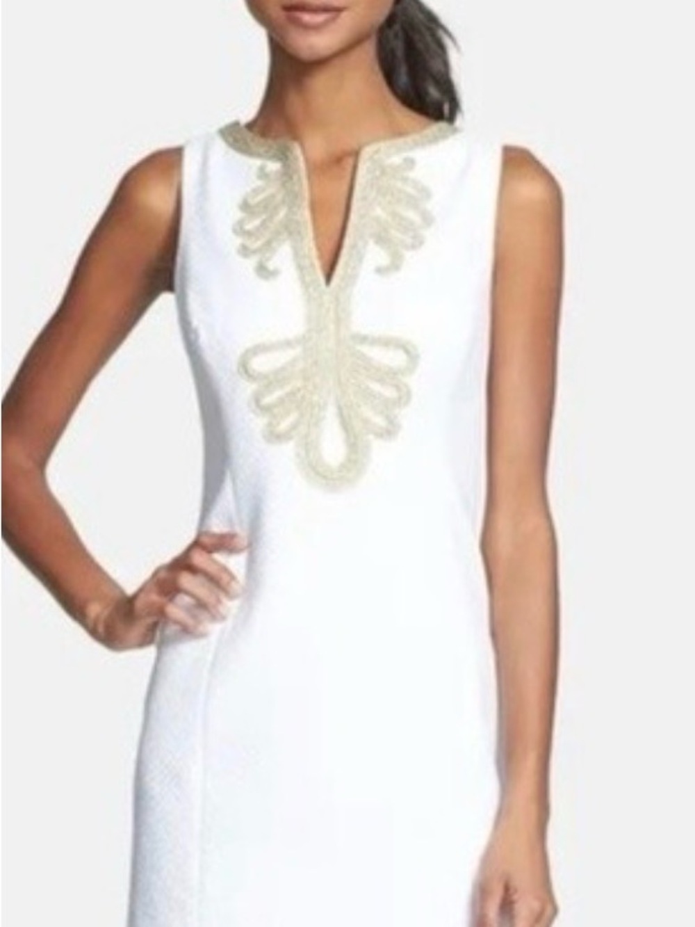 Lilly Pulitzer White Sleeveless Shift Dress with Gold Trim Size 4